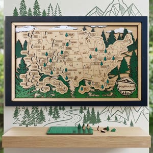 アメリカ国立公園地図 – 木々が描かれた特製木製国立公園旅行地図 – 国立公園チェックリスト – 旅行者へのギフト、母の日のギフト