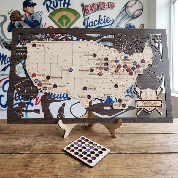 MLB Stadium Map, Baseball Stadium Map, Pro Baseball Stadium Tracker, Baseball Gift, Stadium Travel Map, Anniversary Gift, Gift for Husband