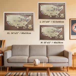 May include: Three framed wooden baseball maps of the United States, with the text "BASEBALL" at the top. The maps are different sizes: XL (34"x21"), L (25"x16"), and M (18"x11"). Each map has colored pins marking locations.