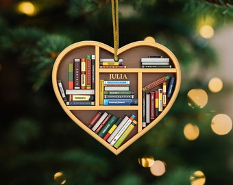 Personalized Bookshelf Ornament, Book Lovers Heart Ornament, Custom Librarian Book Ornament, Lover Bookworm Ornament, Book Lover Gift