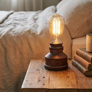 May include: A rustic, industrial-style table lamp with a large Edison bulb. The lamp has a dark brown metal base and sits on a wooden nightstand. A stack of books and a mug are also on the table, with a bed in the background.
