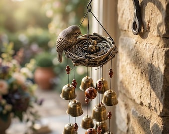 Bird Nest Wind Chime 25" Bronze 12 Bells Mother’s Love Gift