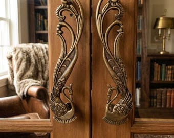 Brass Peacock Door Handles Set of 2 Embossed 11 Inch