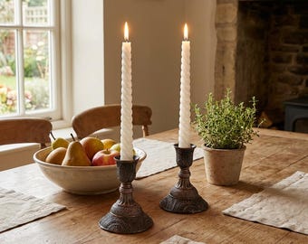 Vintage Metal Taper Candle Holders Set of 2 - Antique Bronze Pillar Candlestick, 4 Inch Elegant Brass Candelabra for Dining Table