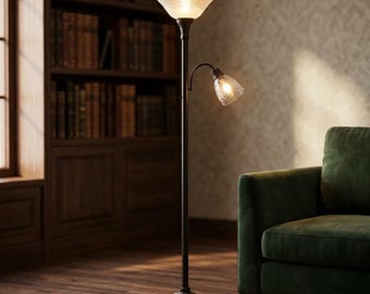 70" Floor Lamp Torchiere 2-Head – Etched Glass Shade Vintage Tall Corner