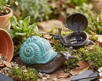 Cast Iron Snail Key Hider – Vintage Blue Spare Key Holder, Garden Decor Statue