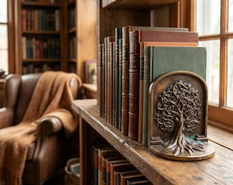 Tree of Life Bookends – Antique Brass Cast Iron Decorative Pair for Shelves
