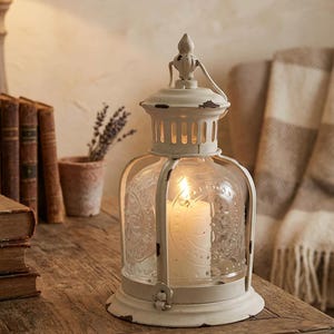 Vintage White Metal Lantern 9.9 Inch with Glass Cover Indoor Outdoor
