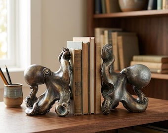 Antique Silver Octopus Bookends Set of 2 - Vintage Cast Iron Book Holder, Nautical Decor for Bookshelf, 5 Inch Tall