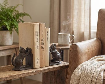 Heavy Duty Cast Iron Cat Bookend Vintage Antique Brown 4.5"