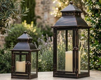 Bronze Metal Lanterns Set of 2 – 17" & 11" Indoor Outdoor Candle Holder