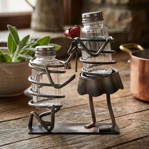 May include: A decorative salt and pepper shaker set. The set features two clear glass shakers held by a metal sculpture of two figures. One figure holds a red rose. The base is a dark metal.