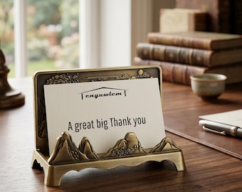 Metal Desktop Card Holder, Decorative Business Card Display Stand for Office, Mountain & Pine Design, Desk Organizer Gift