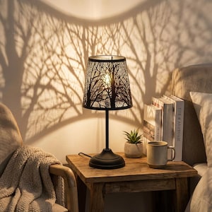 Black Metal Tree Shadow Touch Table Lamp - Dimmable 3-Level Mini Night Light, Vintage Accent Decor for Bedroom Living Room, 7 x 7 x 13 Inch