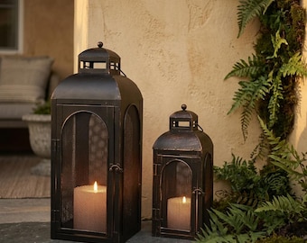 LED Lanterns Set of 2 – Black Metal Vintage Hanging Candle Holder 17" & 13"