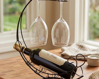 Metal Wine Rack 1 Bottle 2 Glasses Retro Countertop