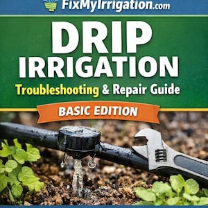 Könnte beinhalten: Buchcover mit dem Text "DRIP IRRIGATION Troubleshooting & Repair Guide BASIC EDITION" und "Step-by-Step Instructions for Homeowners". Ein schwarzes Bewässerungssystem mit einem Schraubenschlüssel ist im Vordergrund.