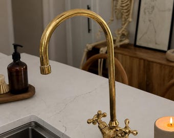 Unlacquered Brass Gooseneck Kitchen Faucet With Filter - Swivel Spout | Moroccan Artisan Living Finish Solid Brass Tap