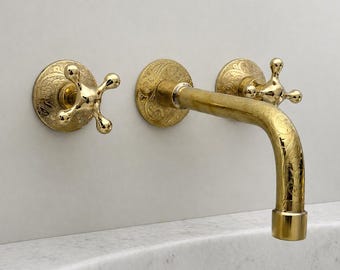 "Unlackierter Messing-Wandhahn mit Rough-In-Valve - Gravierter Badezimmerhahn 8 ""Kreuzgriffe."