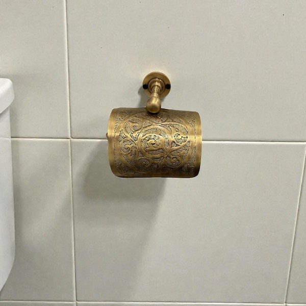 Handcrafted Brass Toilet Paper Holder – Engraved Antique Bronze Finish Wall Mount Toilet Roll Holder Vintage Moroccan Bathroom Hardware