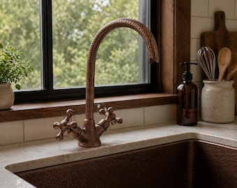 Dark Copper Gooseneck Faucet - Hammered Brass Kitchen Bathroom Sink Tap | Handcrafted Artisan Fixture