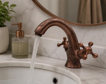 Dunkles Kupfer Finish Gravierte Badezimmer Wasserhahn - Handgefertigte Marokkanische Gästebuch Waschbecken Wasserhahn | Patina