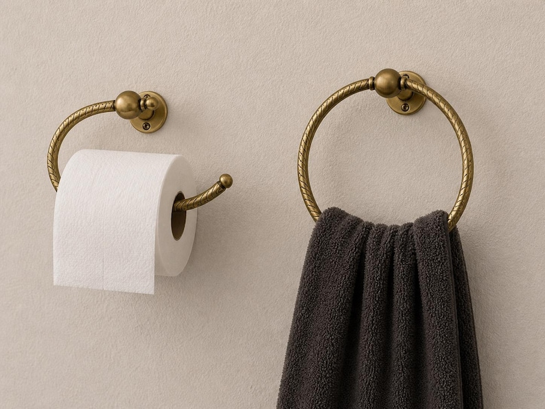K&ouml;nnte beinhalten: Ein Badezimmer-Set mit einem Toilettenpapierhalter und einem Handtuchring. Beide sind aus antikfarbenem Messingmetall mit einem dekorativen, seilartigen Design gefertigt. Eine Rolle wei&szlig;es Toilettenpapier befindet sich auf dem Halter, und ein dunkelgraues Handtuch h&auml;ngt am Ring.
