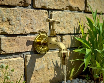 Solid Unlacquered Brass Garden Faucet – Wall Mount Hose Bib Tap with Back Plate – Outdoor Vintage Water Spigot for Garden / Patio- Farmhouse