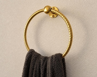 Hand-Engraved Unlacquered Brass Towel Ring - Living Patina Finish | Moroccan Artisan Solid Brass Bathroom Wall Hand Towel Holder