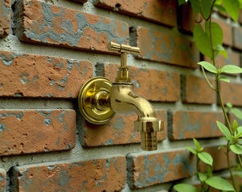 Grifo de jardín de latón macizo sin lacar – Grifo de pared con grifo para manguera y placa trasera – Grifo vintage para exterior, para jardín o patio – Estilo rústico