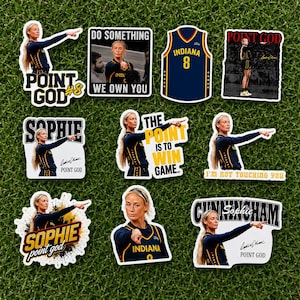 May include: A collection of ten vinyl stickers featuring a basketball player in a navy blue Indiana jersey. Designs include the player pointing, the text "POINT GOD #8," "DO SOMETHING WE OWN YOU," "THE POINT IS TO WIN GAME," and "I'M NOT TOUCHING YOU."