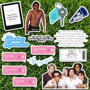 May include: A selection of stickers on a green surface. The stickers feature text such as "Hockey Romance", "Briar U Locker Room", and "Go Hawks". There are also images of a person, a key, and phone call notifications.