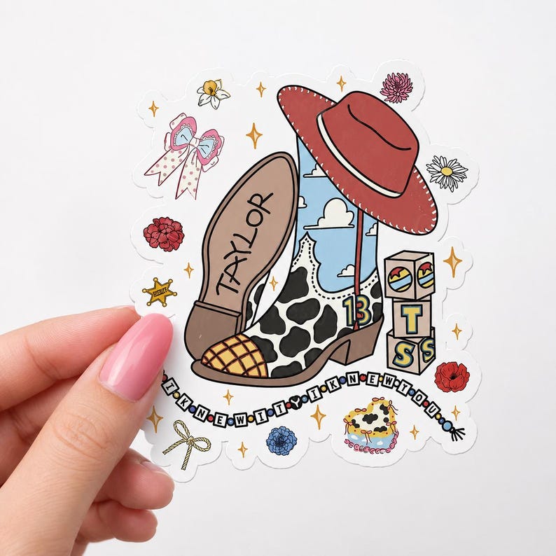 May include: A die-cut sticker featuring a cow-print cowboy boot with a blue sky and cloud pattern, a red hat, a block with the letters T, S, S, and the text TAYLOR and I KNEW IT Y I KNEW YOU. Accented with flowers, bows, and stars.