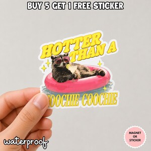 May include: A die-cut sticker featuring a raccoon wearing pink sunglasses, lounging in a bright pink inflatable pool ring while holding a cocktail. The text reads HOTTER THAN A COOCHIE COOCHIE in yellow letters. The top text says BUY 5 GET 1 FREE STICKER.