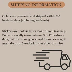 May include: A beige graphic with the text "SHIPPING INFORMATION" at the top. The text below states orders are processed and shipped within 2-3 business days, and stickers are sent via letter mail. A graphic of a delivery truck is at the bottom.