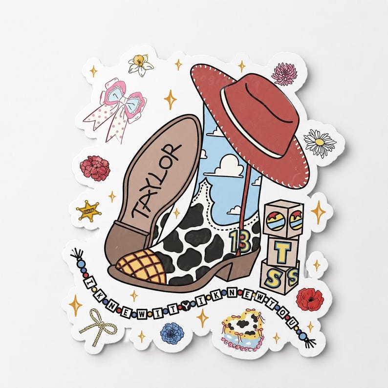 May include: A die-cut sticker featuring a cow-print cowboy boot with a blue sky and cloud pattern, a red cowboy hat, a stack of blocks with the letters T, S, and 13, a pink bow, and a beaded string with the text I KNEW IT Y I KNEW YOU.