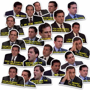 May include: A collection of die-cut stickers featuring various expressions of a man in a suit. Each sticker has a different quote, including "I am dead inside," "No! God!," and "I'll kill you." The stickers are white with black text.