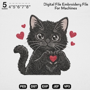Può includere: Un file di ricamo digitale per macchine raffigurante un gatto nero con grandi occhi, baffi bianchi e orecchie bordate di rosa. Il gatto unisce le zampe a forma di cuore, circondato da piccoli cuori rossi. Testo: 5 SIZES 4" 5" 6" 7" 8".