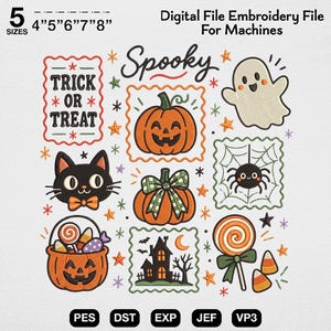 Trick or Treat Collage Embroidery File, Cute Spooky Patchwork Machine Pattern, Carved Pumpkin Candy Design, Halloween Digital Stitch Bundle