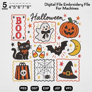 Op de afbeelding: Een digitaal borduurbestand voor machines met Halloween-iconen zoals een geest, pompoen, zwarte kat, vleermuis, maan, maïssnoepjes, spinnenweb en heksenhoed. Tekst: 5 SIZES 4" 5" 6" 7" 8" Digital File Embroidery File For Machines PES DST EXP JEF VP3.
