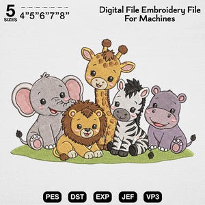Pode incluir: Um arquivo de bordado digital para máquinas com um elefante, leão, girafa, zebra e hipopótamo de desenho animado sobre grama verde. O texto diz 5 SIZES 4" 5" 6" 7" 8" Digital File Embroidery File For Machines PES DST EXP JEF VP3.