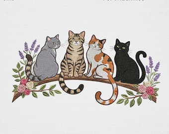 May include: A digital embroidery file for machines featuring four cats sitting on a branch with lavender and roses. The cats are gray, tabby, calico, and black. Text includes 5 SIZES 4" 5" 6" 7" 8" Digital File Embroidery File For Machines and file formats.