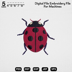 Puede incluir: Un archivo de bordado digital para máquinas con un diseño de mariquita de cuerpo rojo, puntos negros y cabeza negra con dos pequeñas manchas color crema. El texto dice 5 SIZES 4" 5" 6" 7" 8" Digital File Embroidery File For Machines PES DST EXP JEF VP3.