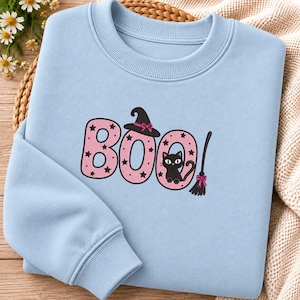 Pink BOO Embroidered Sweatshirt, Black Cat Halloween Crewneck, Coquette Witch Bow Sweater