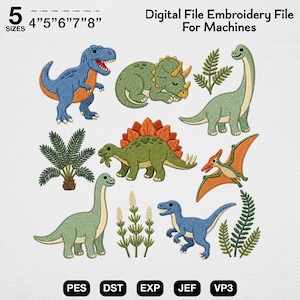 Pode incluir: Um arquivo de bordado digital para máquinas com vários dinossauros e plantas. Os designs incluem um T-Rex azul, um triceratops verde, um dinossauro de pescoço longo, um estegossauro, um pterodáctilo e um raptor, com o texto 5 sizes 4" 5" 6" 7" 8".