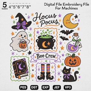 Könnte beinhalten: Eine digitale Stickdatei mit Halloween-Motiven wie Hexenhut, Geist, Kessel, Mondsichel, Fledermäusen, Zaubertrankflasche, Kürbis, Zauberbuch, gestreiften Strümpfen und einer schwarzen Katze sowie dem Text Hocus Pocus und Boo Crew.