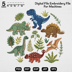 Söt dinosauriekransbroderidesign, förhistoriskt djur maskinfil, T-Rex Triceratops-mönster, Safari Dino-konst, pes dst exp