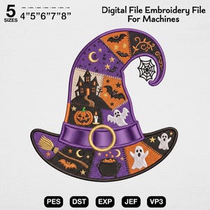 Può includere: Un file di ricamo digitale di un cappello da strega con motivo patchwork e motivi di Halloween tra cui una casa stregata, zucca, fantasmi, pipistrelli, una scopa e un calderone. Testo: 5 SIZES 4" 5" 6" 7" 8" Digital File Embroidery File For Machines PES DST EXP JEF VP3.