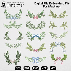 Puede incluir: Archivo de bordado digital para máquinas con varios diseños de hojas verdes y lazos en azul y rosa. La imagen muestra varios tamaños, de 10.16 cm a 20.32 cm. El texto en la parte superior dice "Digital File Embroidery File For Machines".