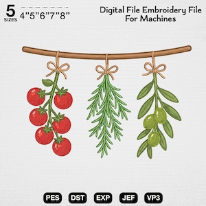 Tomato Rosemary Olive Embroidery Design, Mediterranean Herb Kitchen Machine Embroidery File, Rustic Farmhouse Food Decor